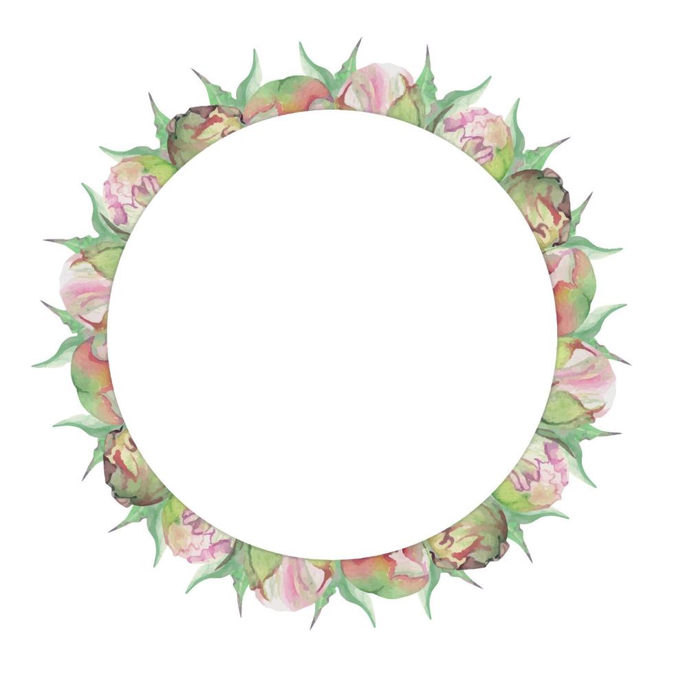 arrangement de cadre de cercle aquarelle avec des fleurs, des bourgeons et des feuilles de pivoine rose délicate dessinés à la main. isolé sur fond blanc. pour les invitations, les mariages, les cartes d'amour ou de voeux, le papier, l'impression, le textile vecteur