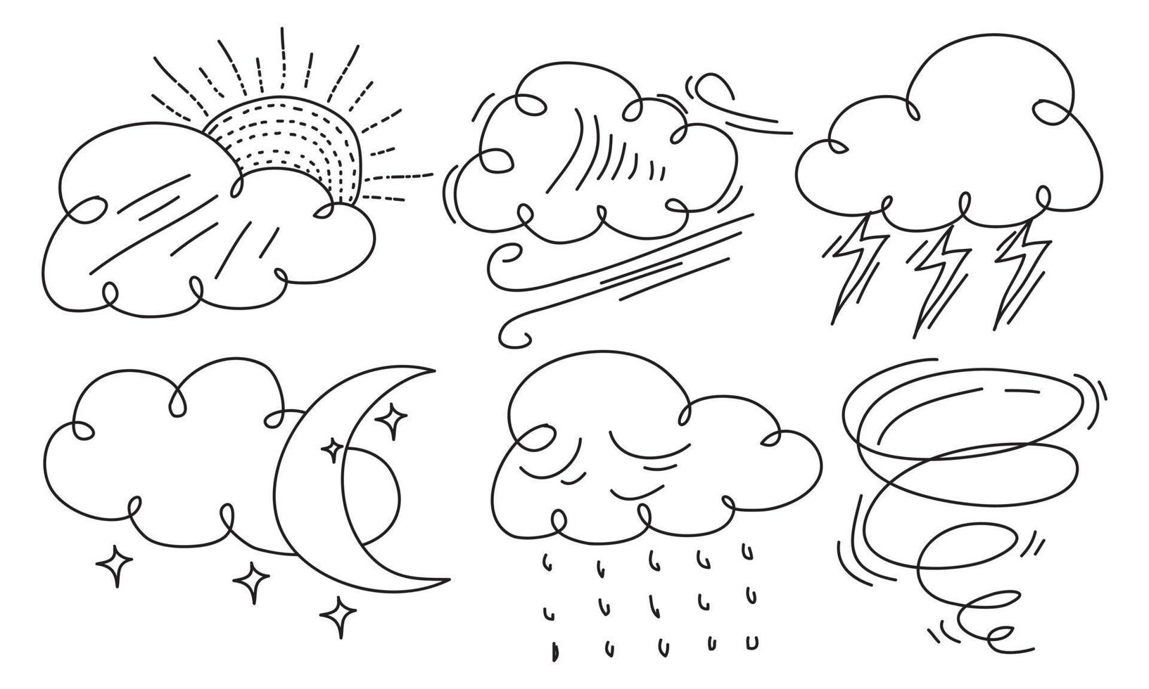 ensemble dessiné à la main d'éléments météorologiques abstraits de doodle comique. avec vent, nuage, flash, parapluie, soleil, lune, pluie, arc-en-ciel. isolé sur fond blanc. illustration vectorielle vecteur