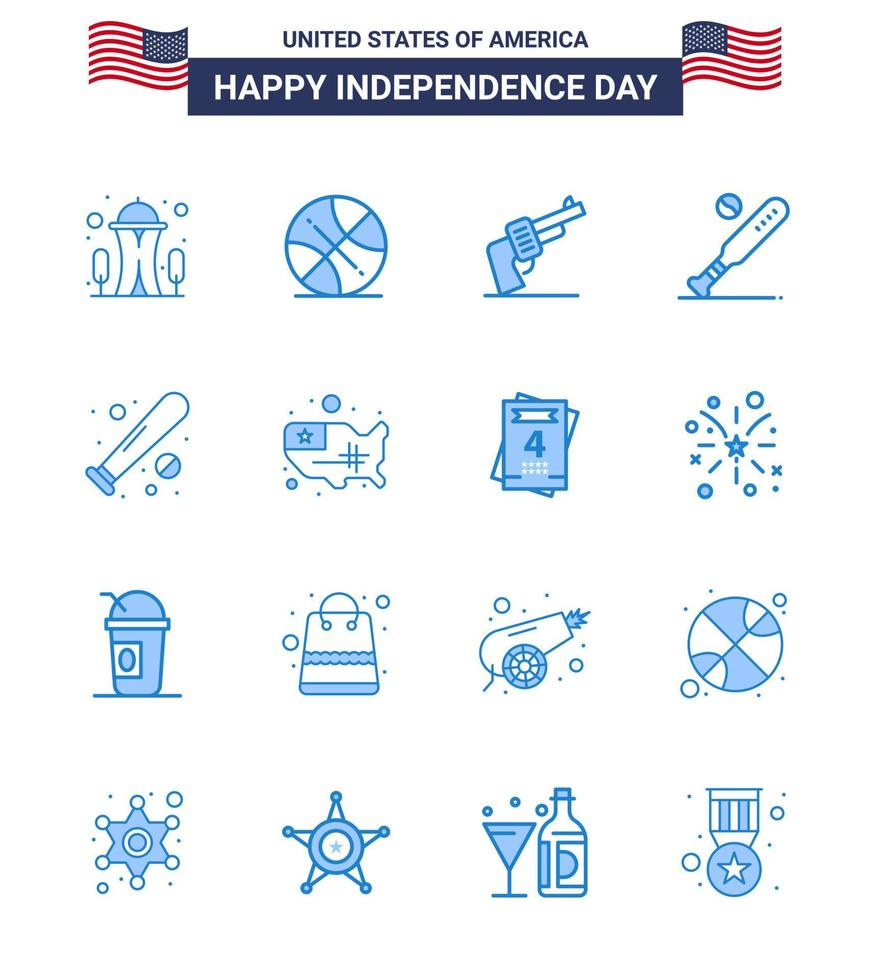 joyeux jour de l'indépendance pack de 16 signes et symboles de blues pour la carte sports gun bat ball modifiables usa day vector design elements