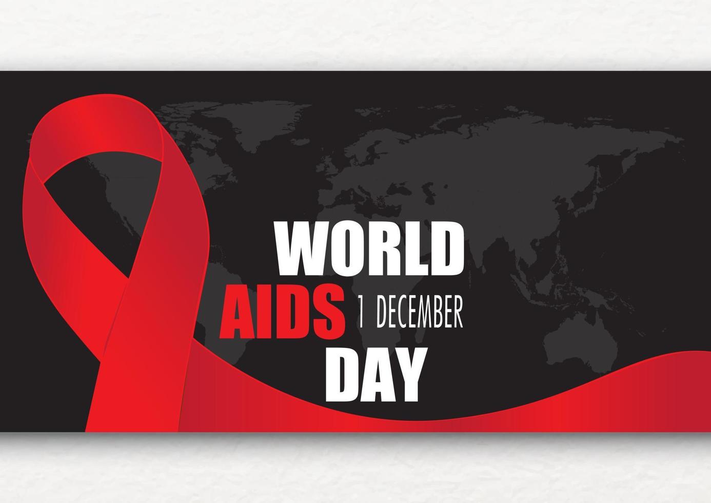 la journée mondiale du sida et les libellés du 1er décembre avec ruban rouge sur la carte du monde dans la conception vectorielle s'isolent sur fond noir. vecteur
