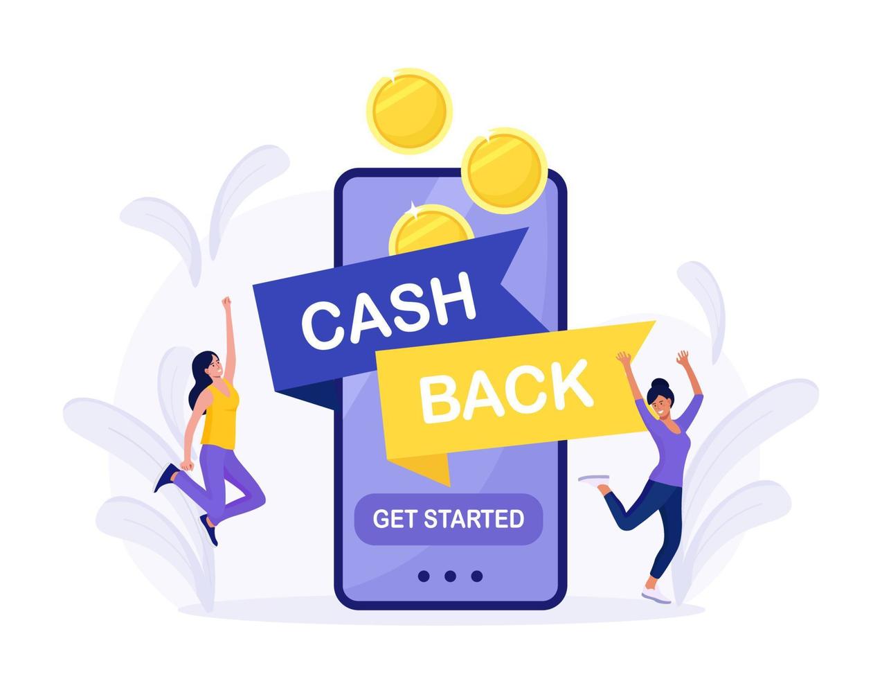 concept de remise en argent ou de remboursement d'argent en ligne. des gens heureux recevant une remise en argent pour faire du shopping. gros téléphone avec bouton pour commencer le cashback. économiser de l'argent, obtenir des bons et des réductions, programme de récompenses vecteur