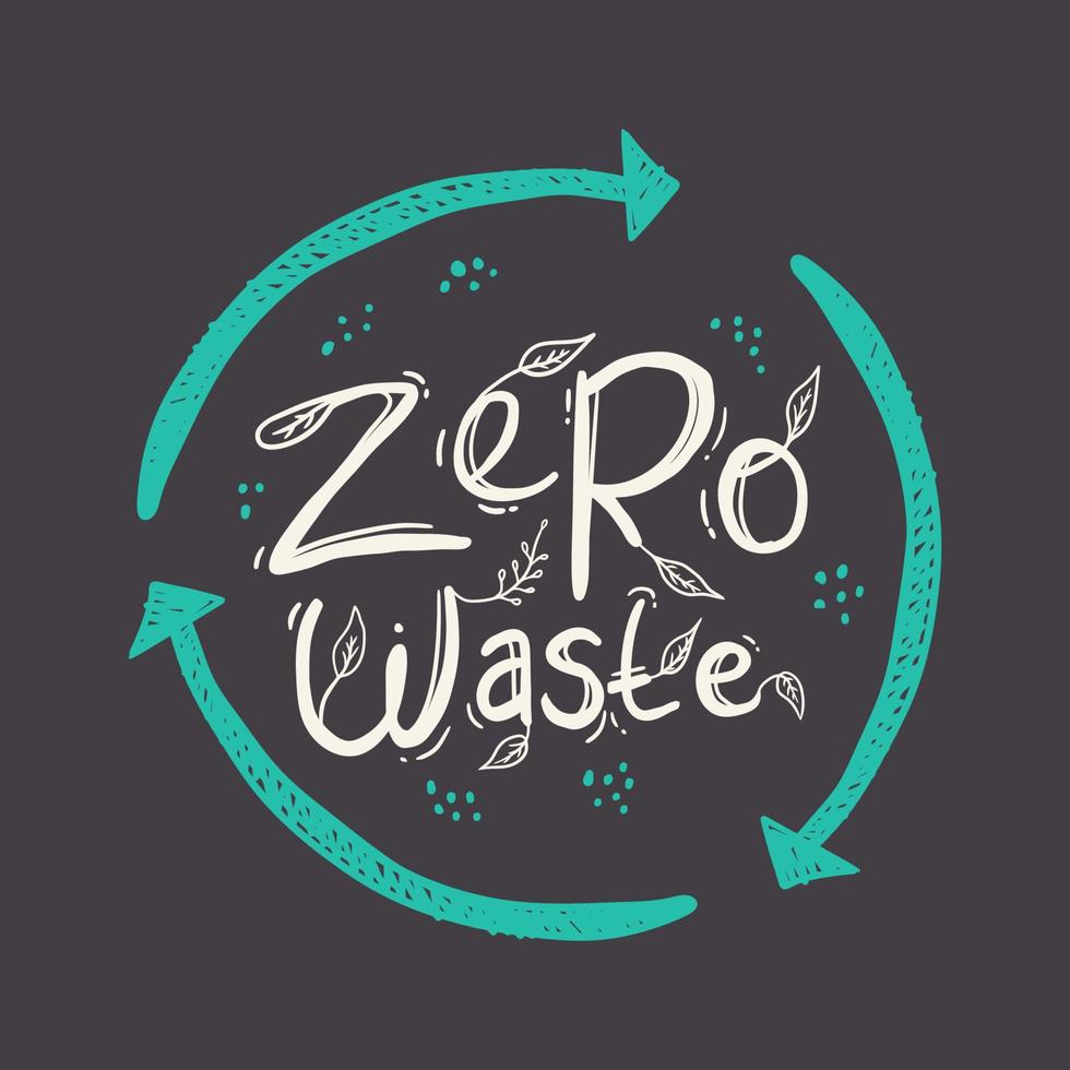 logo zéro déchet. concept de design de mode de vie zéro déchet. logo eco doodle avec symbole de recyclage. illustration vectorielle dessinés à la main sur fond noir vecteur