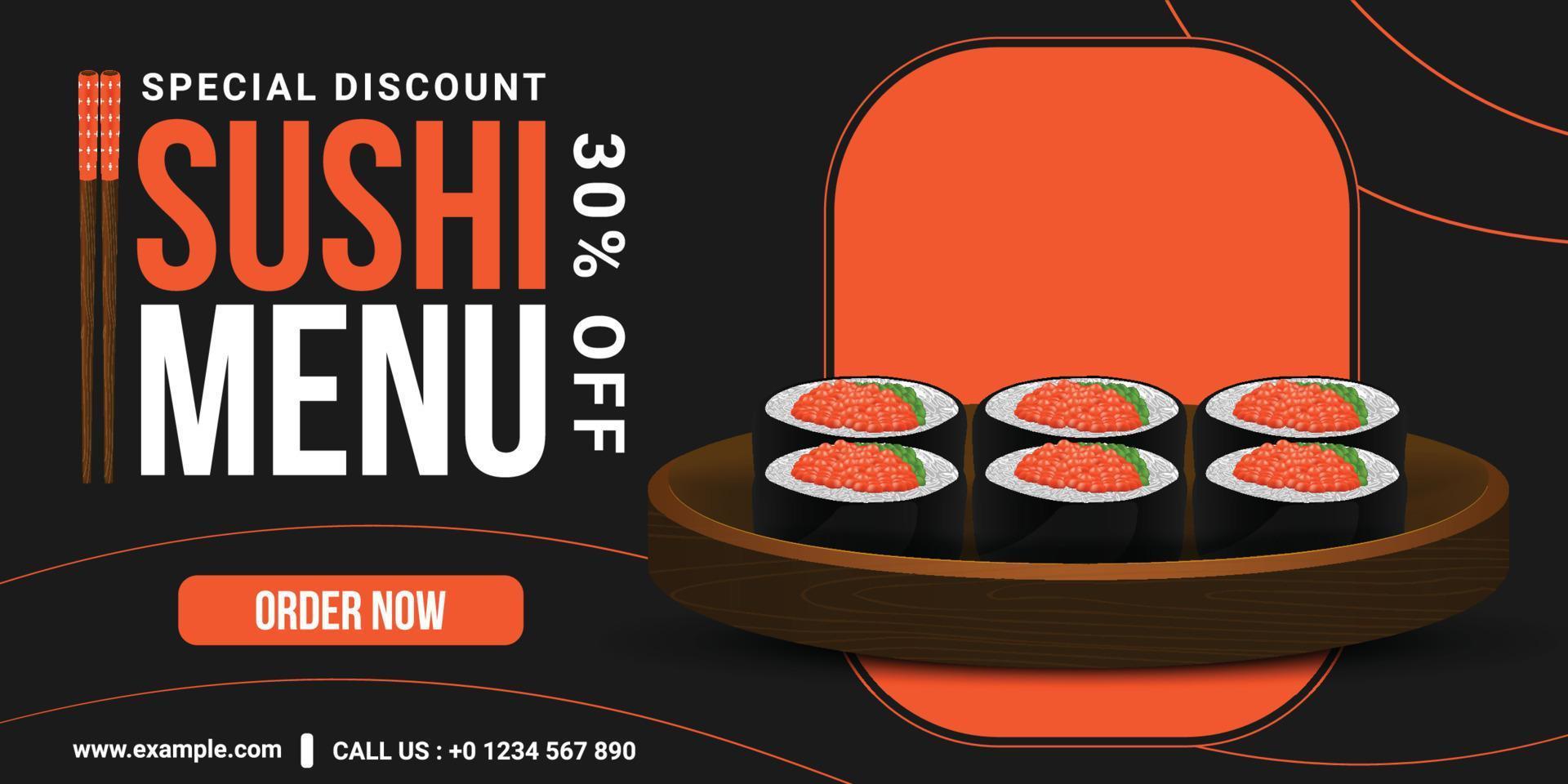 bannière de réduction de vente de sushis dessinés à la main de cuisine asiatique vecteur