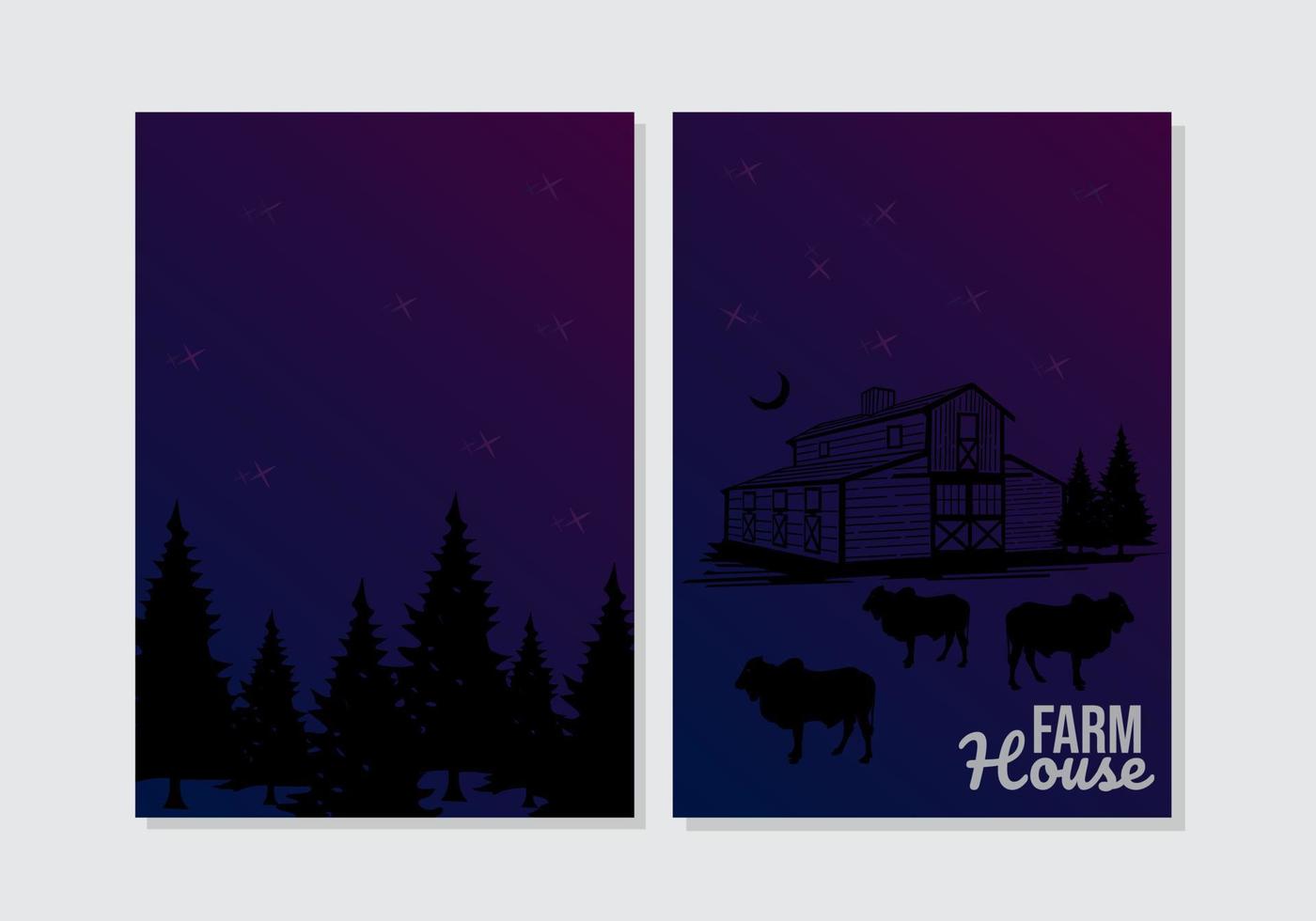 ensemble de couverture de livre d'illustration de silhouette de ferme. fond de thème nocturne avec des silhouettes de maisons, de vaches, de sapins. format a4 pour livres pour enfants, cahiers, catalogues, livres d'histoires, romans vecteur