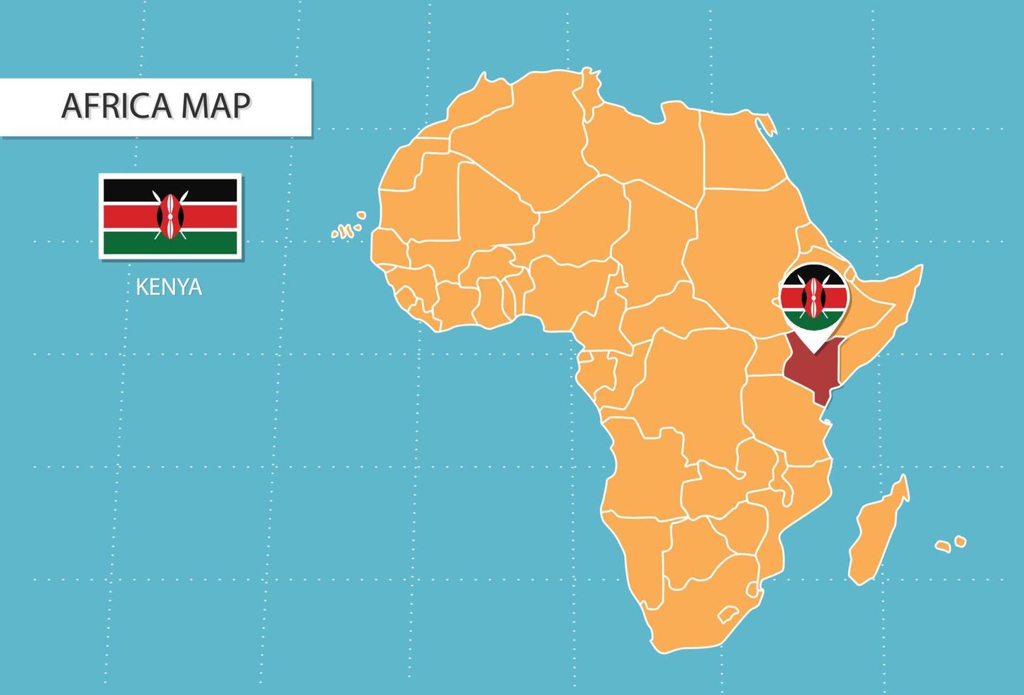 carte du kenya en afrique, icônes indiquant l'emplacement et les drapeaux du kenya. vecteur