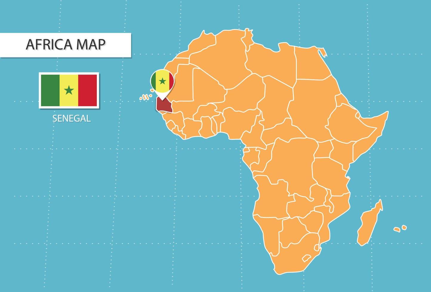 carte du sénégal en afrique, icônes indiquant l'emplacement du sénégal et les drapeaux. vecteur