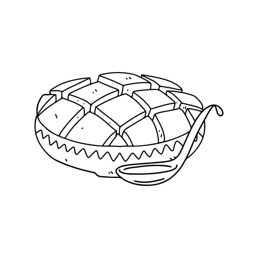 mangue fraîche dans un style doodle dessiné à la main. fruits frais dans un bol en céramique. cuisine traditionnelle tropicale. vecteur