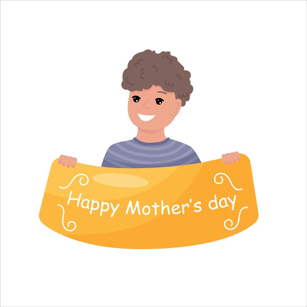 mignon petit garçon enfant tenant une bannière pour la fête des mères heureuse. enfant garçon souriant. illustration de vecteur de style plat isolé sur fond blanc.
