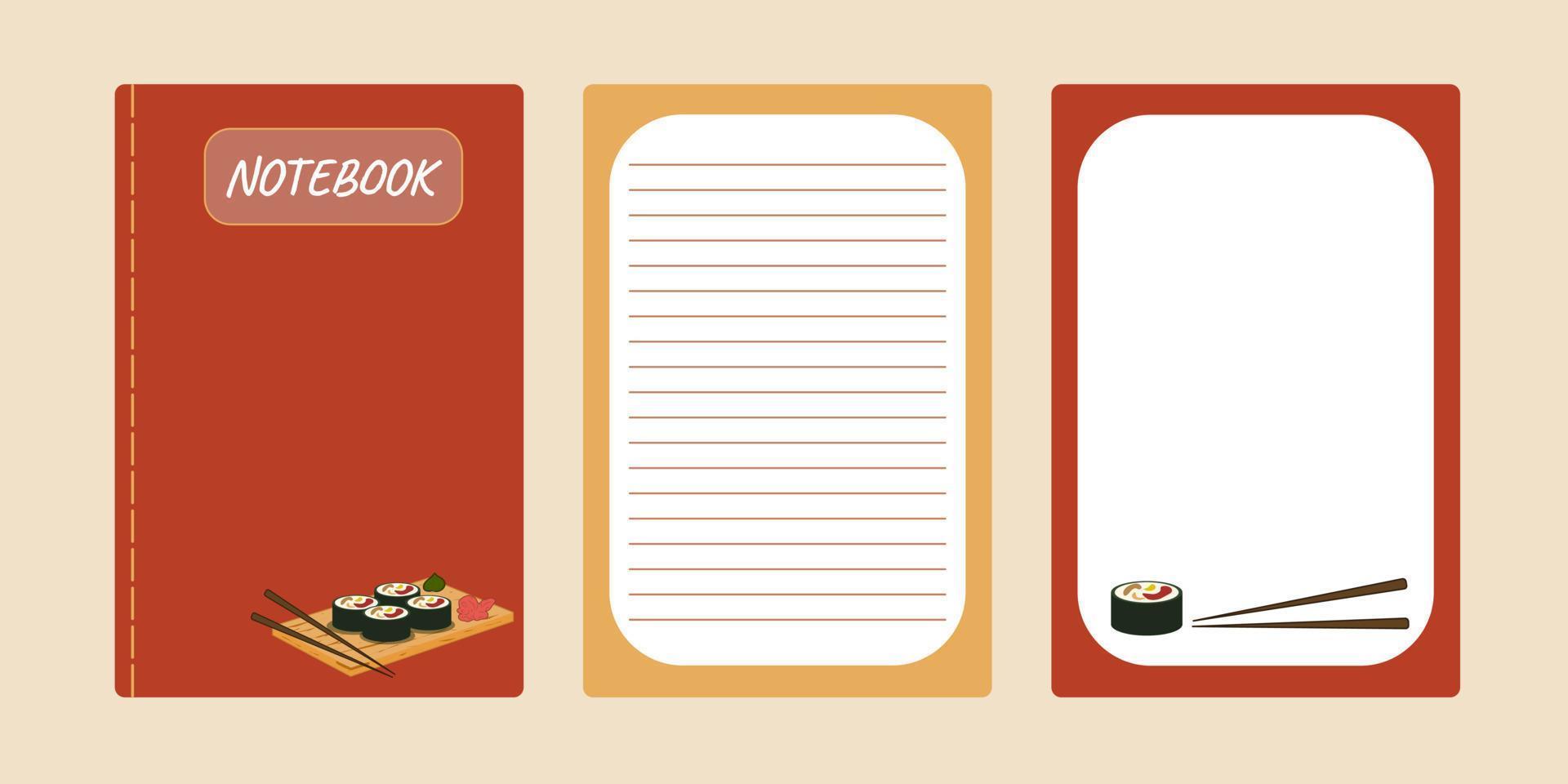 ensemble couvre cahier rouge, orange. rouleaux de sushis sur planche de bois. illustration vectorielle de cuisine asiatique. vecteur