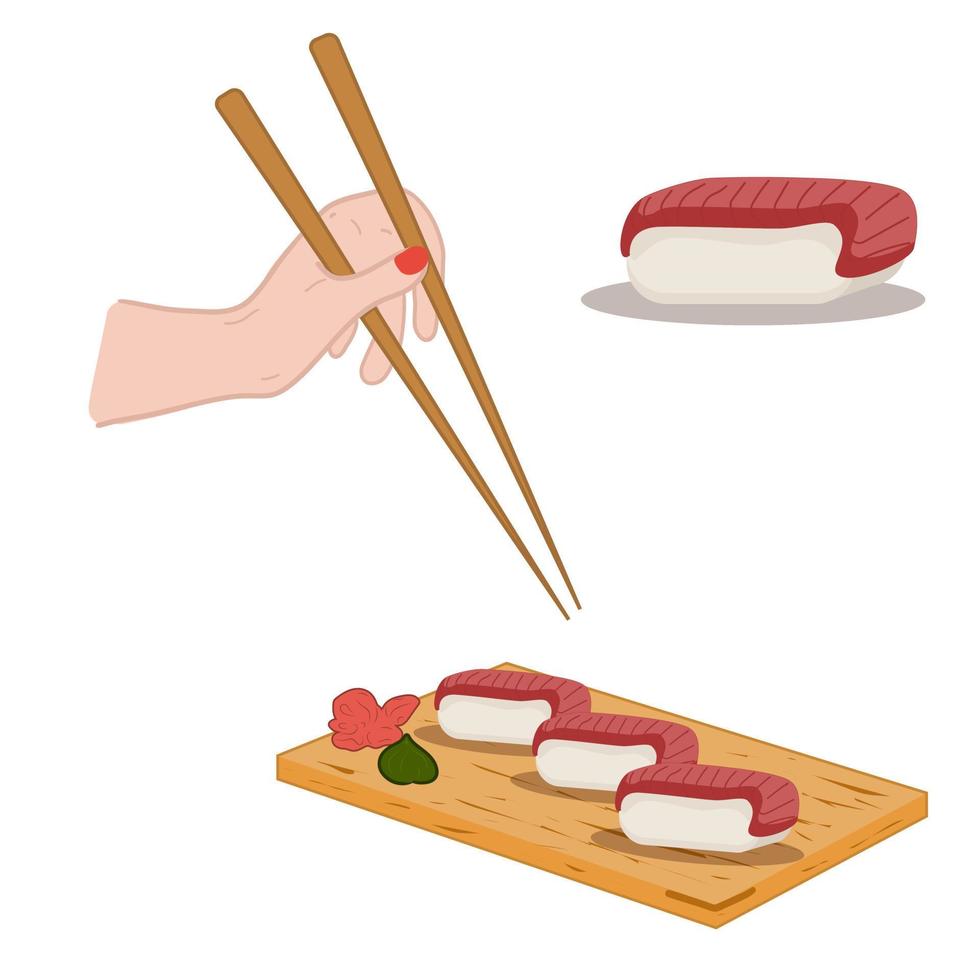 sushis sur planche de bois, baguettes à la main. roulés au thon. illustration vectorielle de cuisine asiatique vecteur