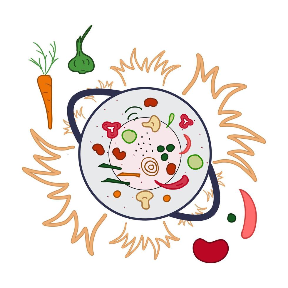 nourriture asiatique. illustration vectorielle. wok sur poêle chaude avec poivrons, herbes, champignons et légumes vecteur