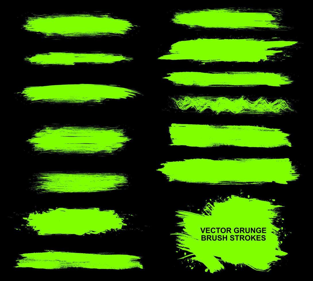 ensemble de coups de pinceau, coups de pinceau grunge à l'encre vert fluo vecteur