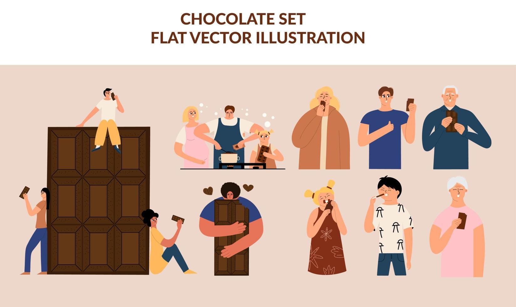 les gens de tous âges mangent du chocolat. jeu de caractères, grand-mère, grand-père, maman, papa, fille et fils mangeant des aliments sucrés. illustration vectorielle dans un style plat. conception des éléments. vecteur