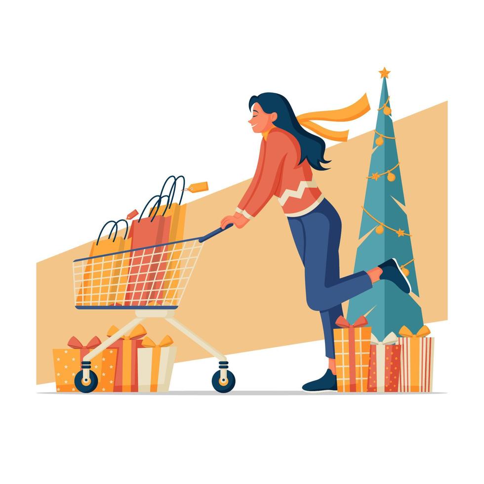 girl, achats, cadeaux noël, dans, boxing, jour vecteur