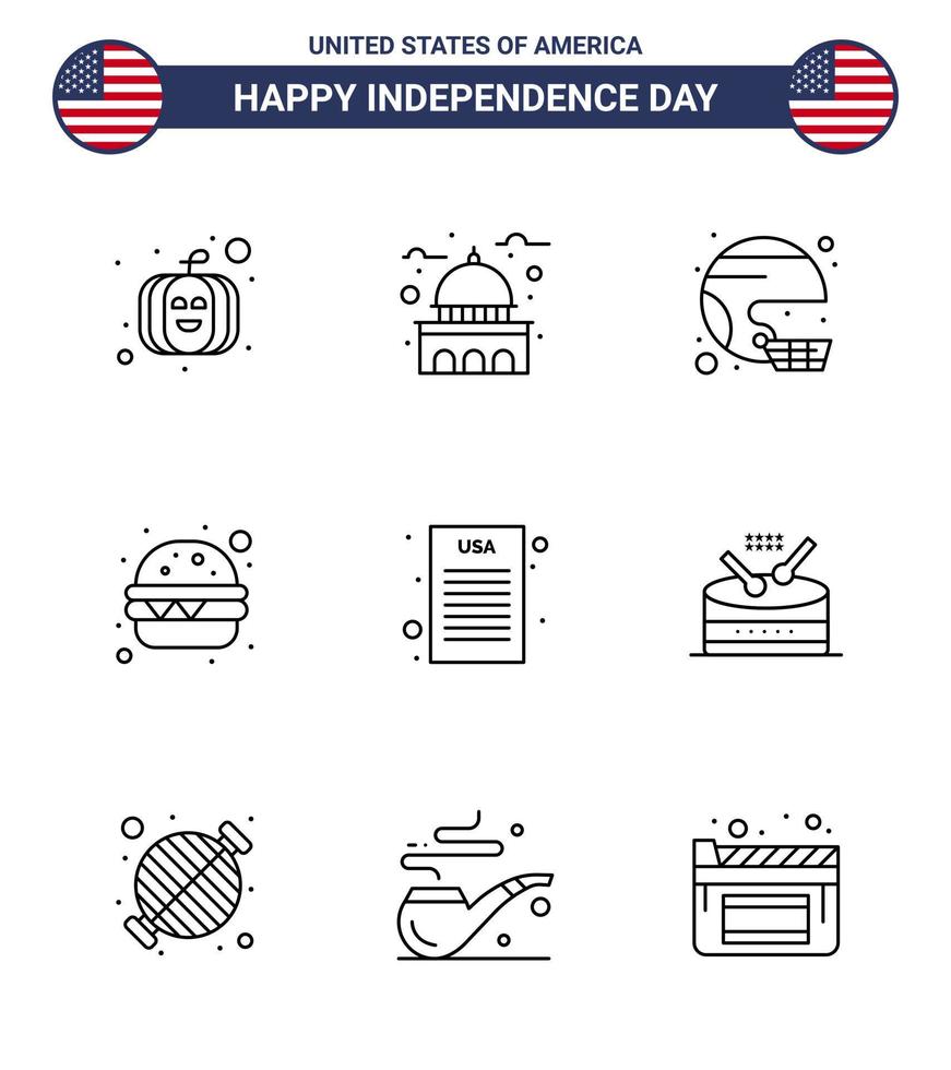 9 signes de ligne pour la déclaration de la fête de l'indépendance des états-unis fast food américain burger état modifiable usa day vector design elements