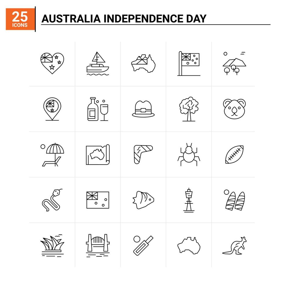 25 jeu d'icônes de la fête de l'indépendance de l'australie. fond de vecteur