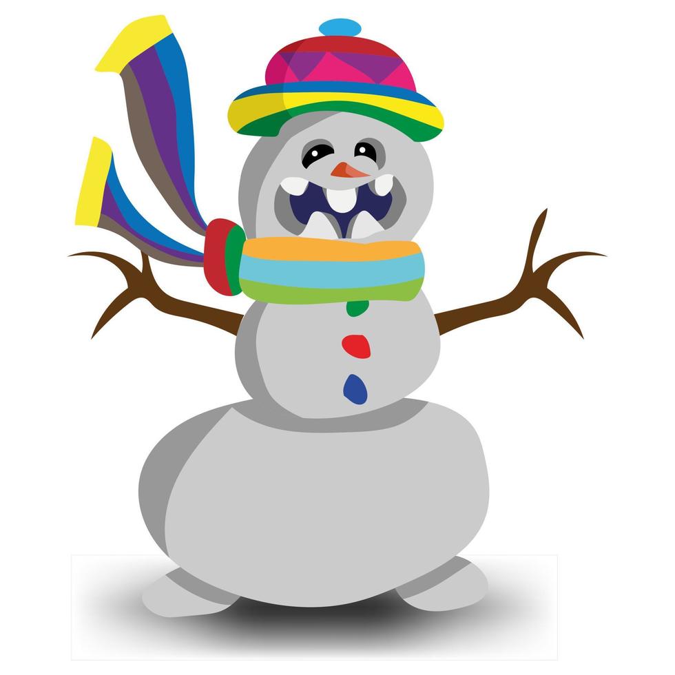 joyeux bonhomme de neige dans une écharpe arc-en-ciel et une coiffe. chapeau multicolore. illustration lumineuse. graphiques vectoriels. vecteur