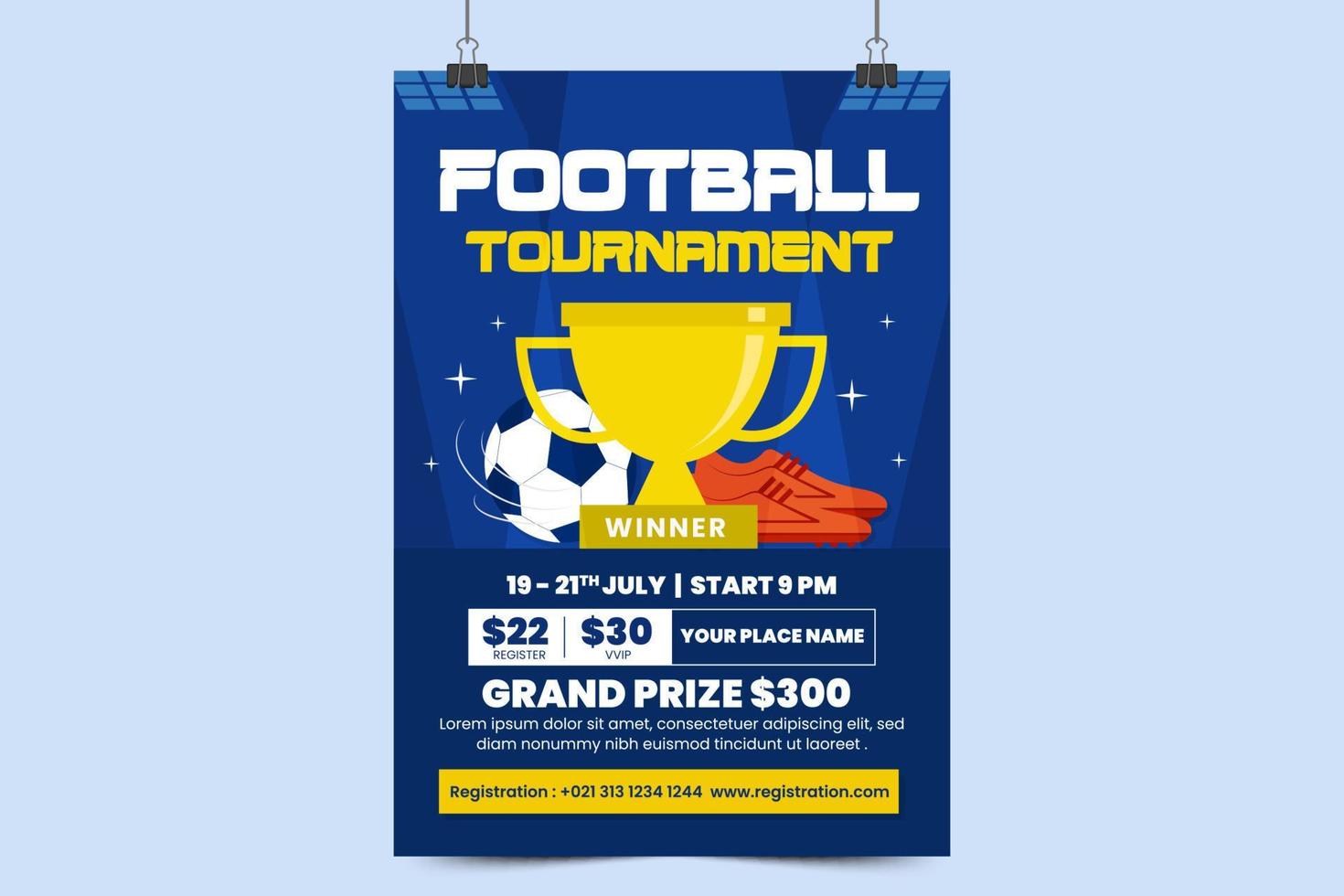 modèle de conception d'affiche ou de flyer d'événement sportif de tournoi de football design simple et élégant vecteur