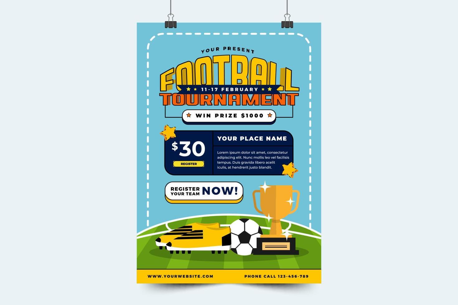 modèle de conception d'affiche ou de flyer d'événement sportif de tournoi de football design simple et élégant vecteur
