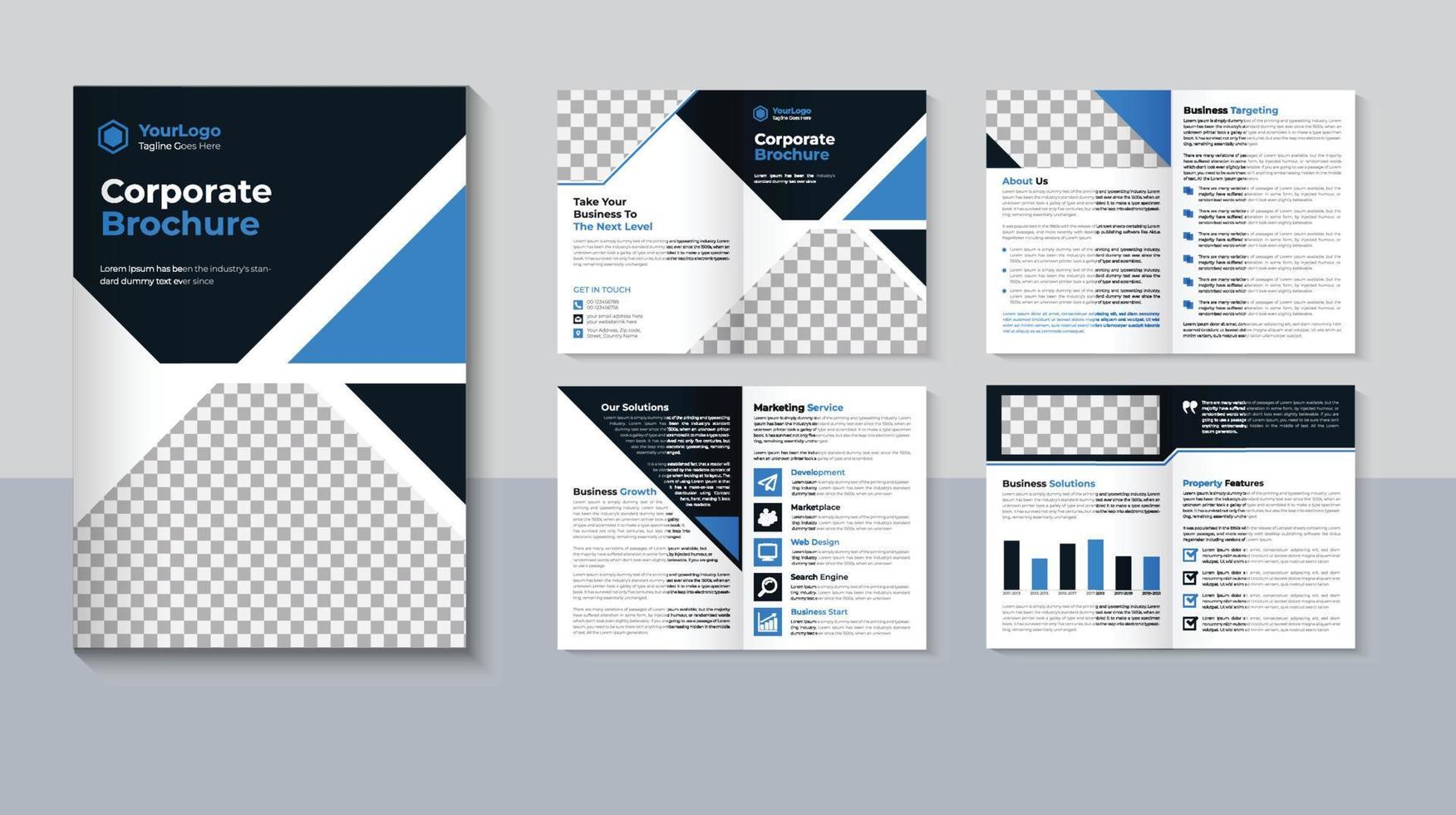 conception de brochure d'entreprise, modèle de brochure d'entreprise de 8 pages, conception de brochure créative, profil d'entreprise moderne, couleur bleue, image vectorielle pro vecteur