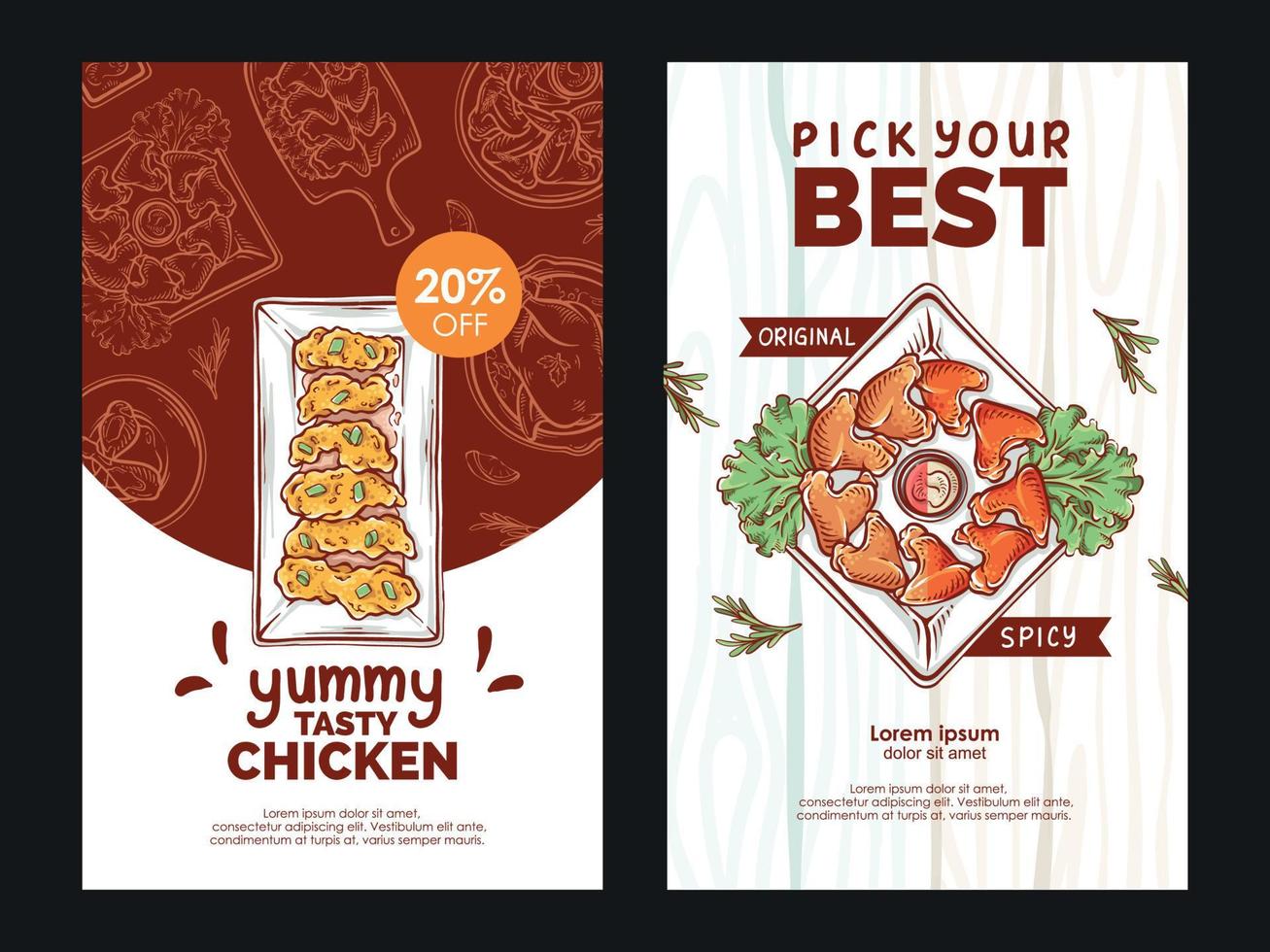 flyer de pépite de poulet frit et modèle d'affiche verticale d'illustration à double saveur d'aile de poulet pour la conception de vecteur de restaurant