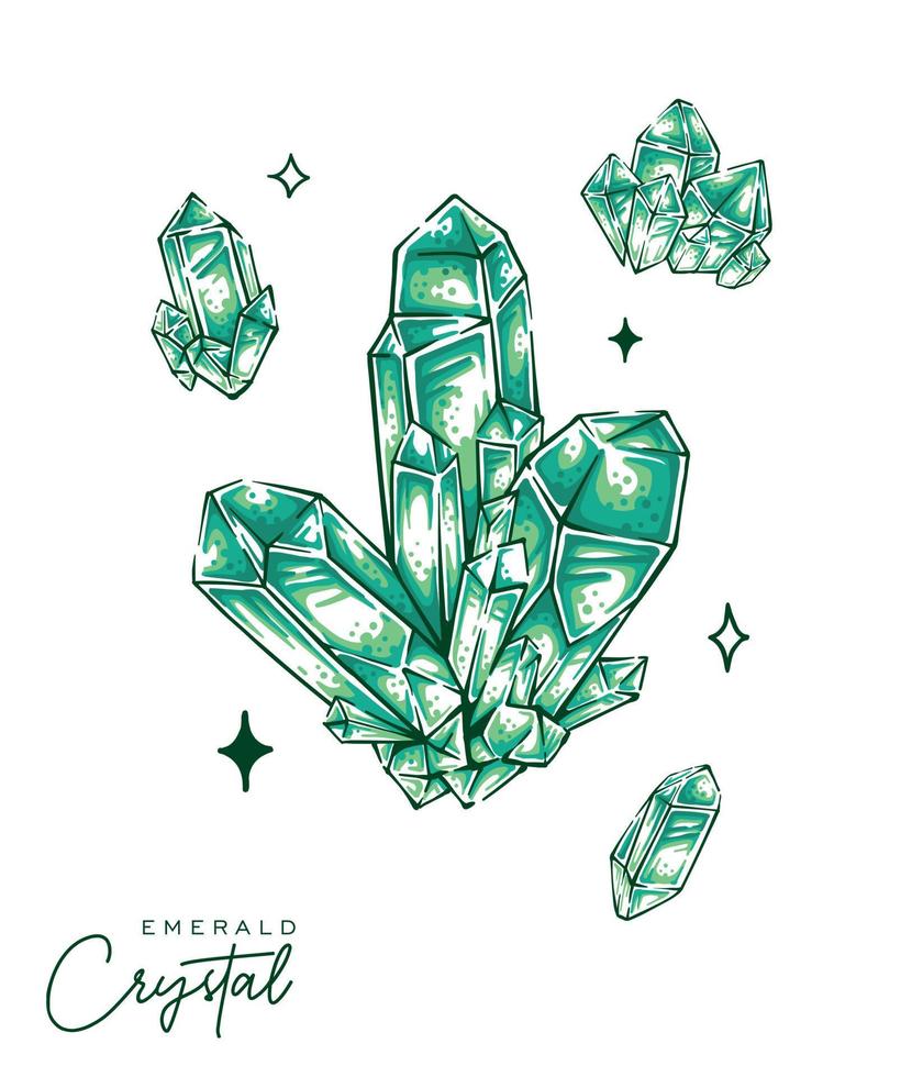 ensemble d'illustration de quartz émeraude cristal dessiné à la main couleur verte dessin détaillé conception vectorielle vecteur