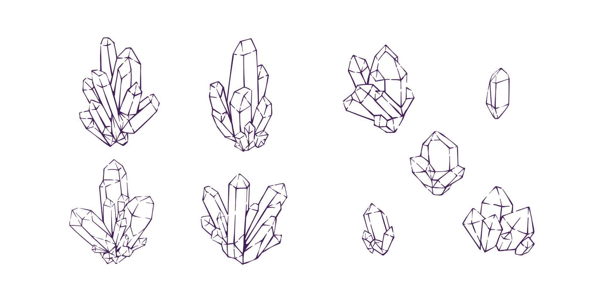 collection de croquis de dessin de contour simple d'améthyste de cristal vecteur