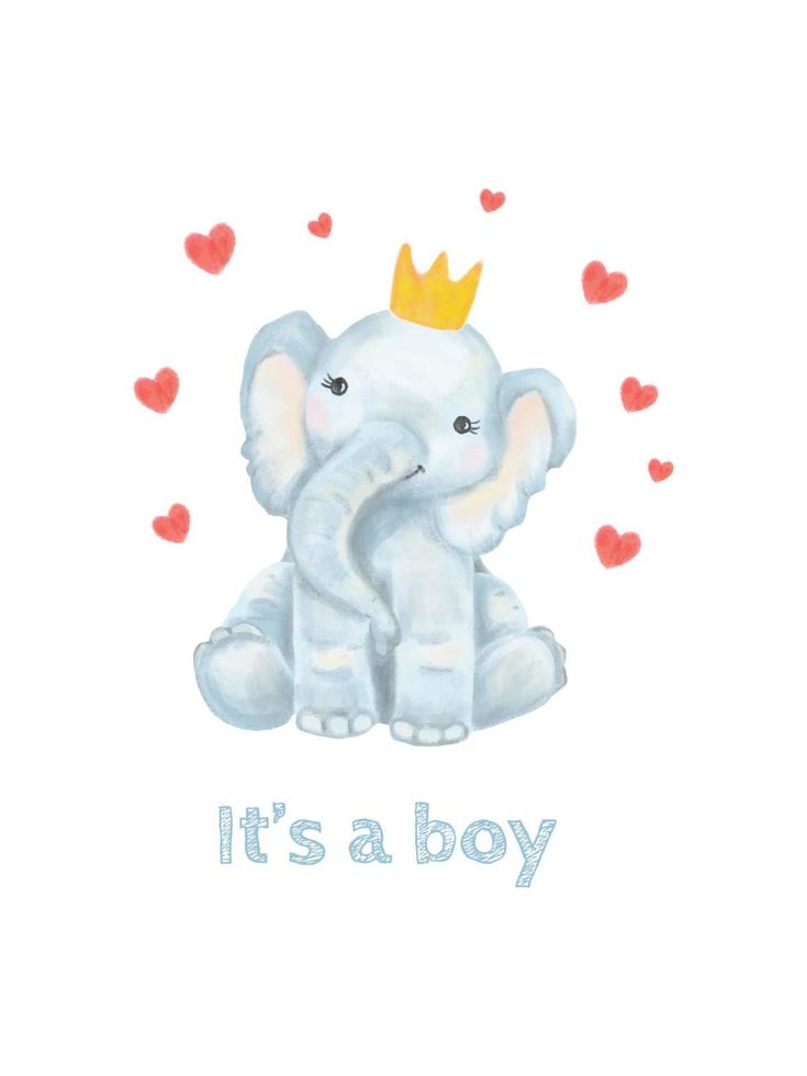 mignon bébé éléphant dans une couronne entourée de coeurs, carte postale pour la naissance d'un enfant, félicitations, aquarelle vecteur