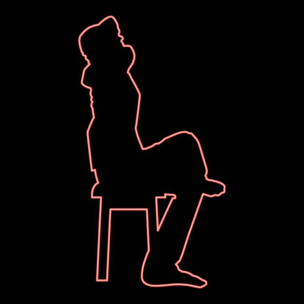 néon homme assis pose avec les mains derrière la tête jeune homme est assis sur une chaise avec sa jambe jetée silhouette icône rouge couleur illustration vectorielle image style plat vecteur