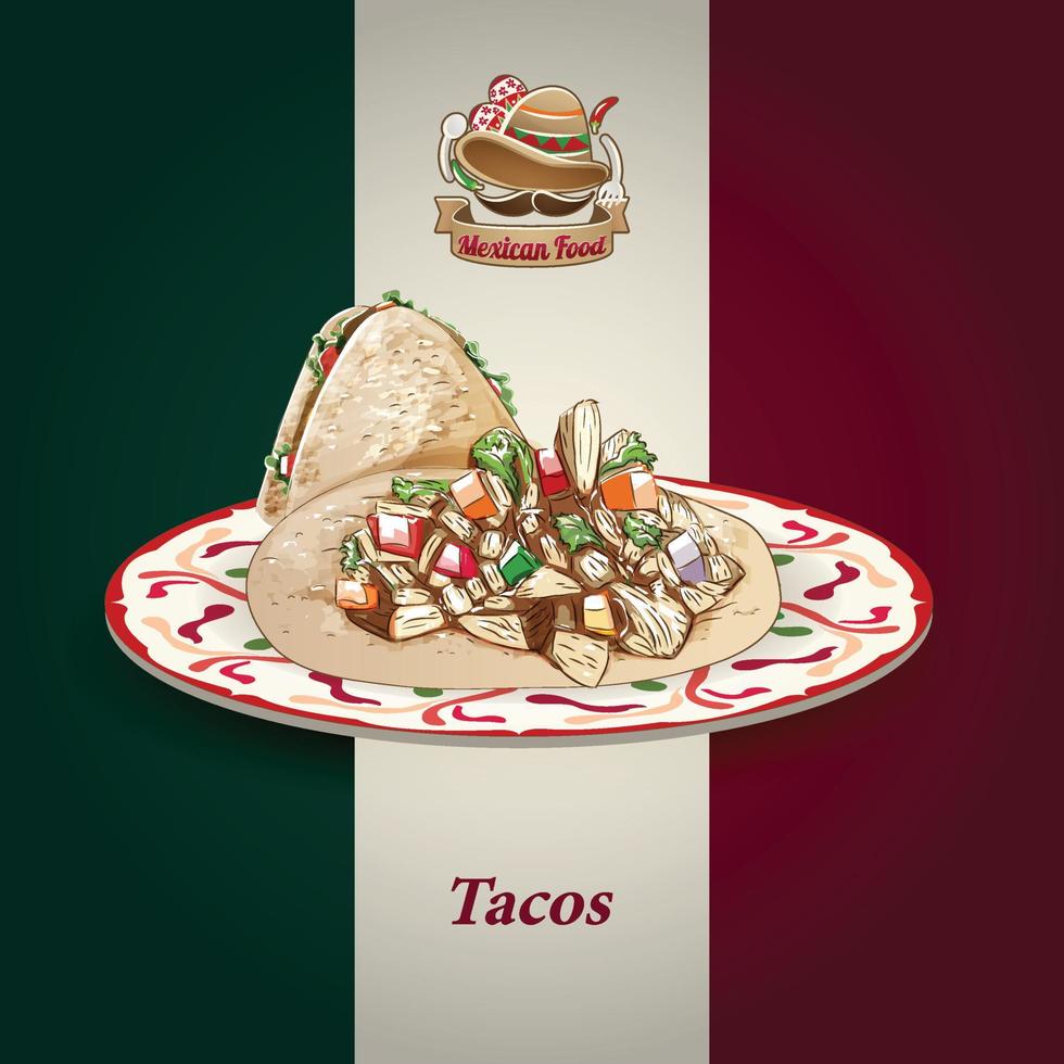 mexique alimentaire logo dessiné à la main et illustration vectorielle graphique de la nourriture traditionnelle avec le drapeau mexicain vecteur
