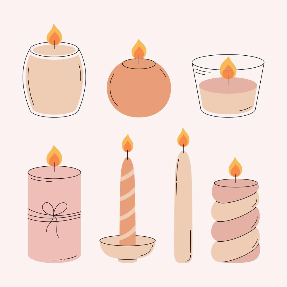 ensemble de bougies allumées décoratives modernes. bougies en cire pour l'aromathérapie à domicile, la détente et le spa. vecteur