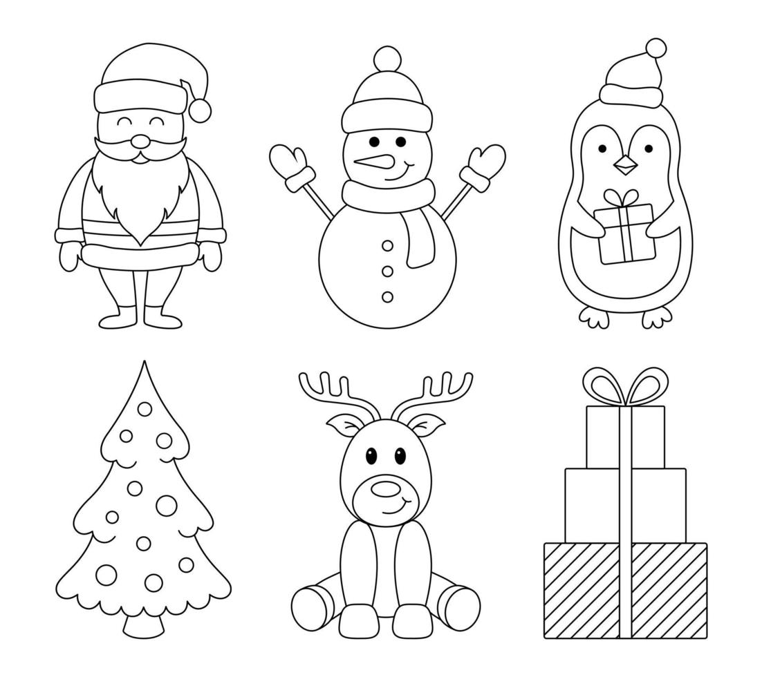 ensemble de personnages de contour de noël, de symboles et d'éléments décoratifs. père noël, bonhomme de neige, renne, pingouin, arbre, coffrets cadeaux. vecteur