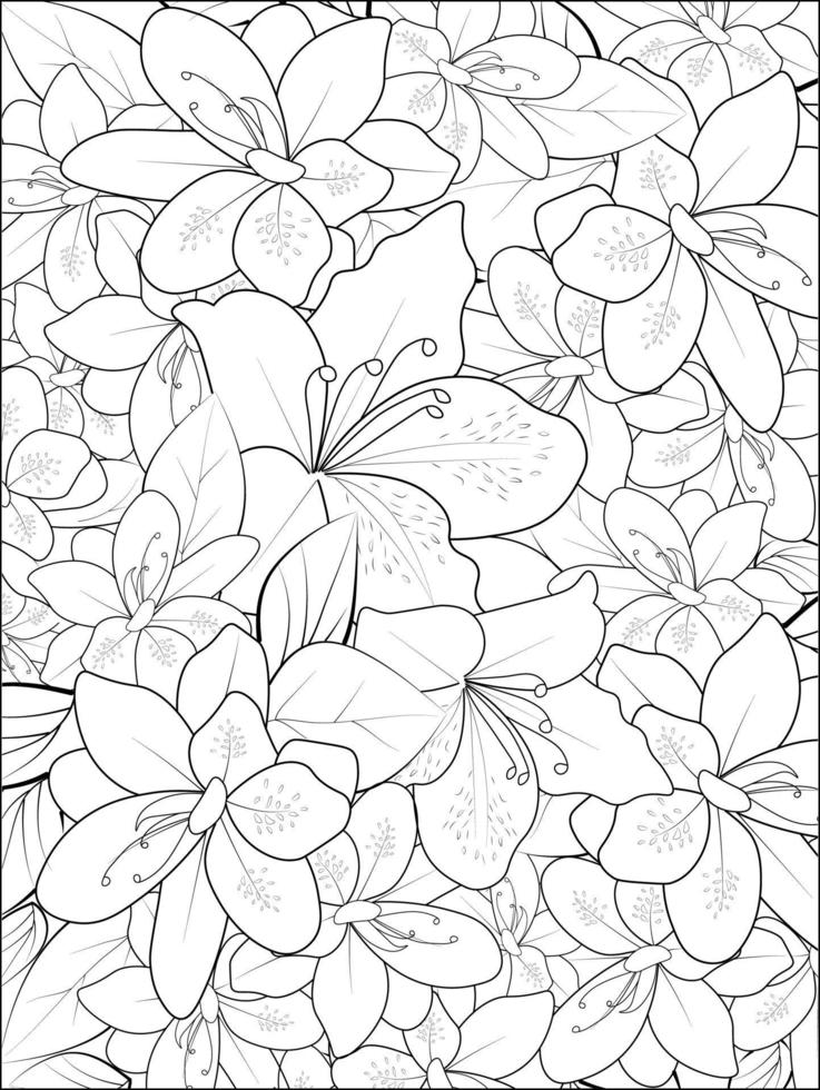 main dessinée belle azalée à feuilles persistantes rani, silhouettes de fleurs de fleurs sauvages à partir d'arts de lignes simples sur un livre de coloriage de conception de fond blanc. vecteur