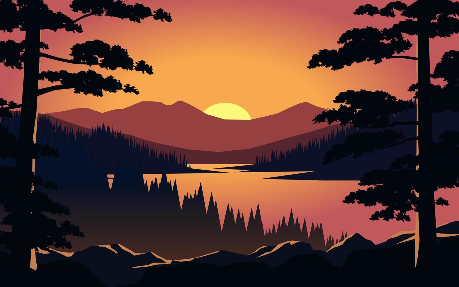 beau paysage de coucher de soleil avec rivière et montagnes. vecteur nature illustration