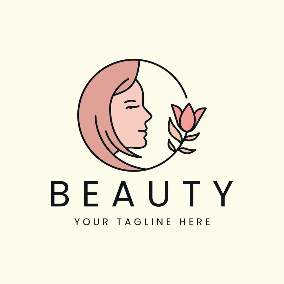 conception d'illustration de modèle de dessin animé de vecteur de logo de style de ligne de femmes de fleur, conception d'icône de mode de beauté