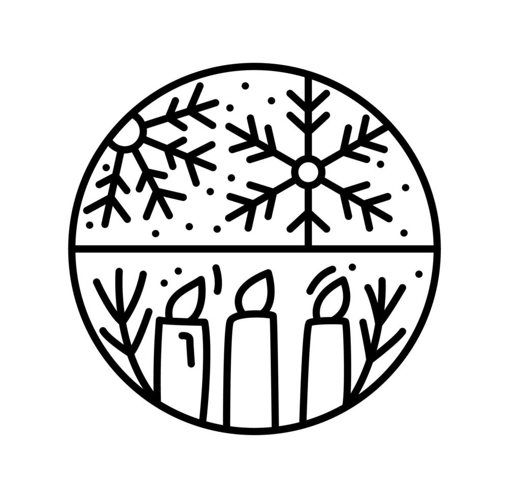 logo de noël composition de l'avent flocons de neige et bougies. constructeur de vecteur d'hiver dessiné à la main monoline dans deux cadres demi-ronds pour carte de voeux