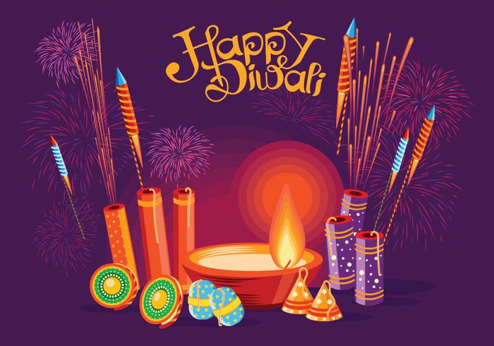 Burning Diya et Fire Cracker sur Happy Diwali Holiday Background for Light Festival of India vecteur