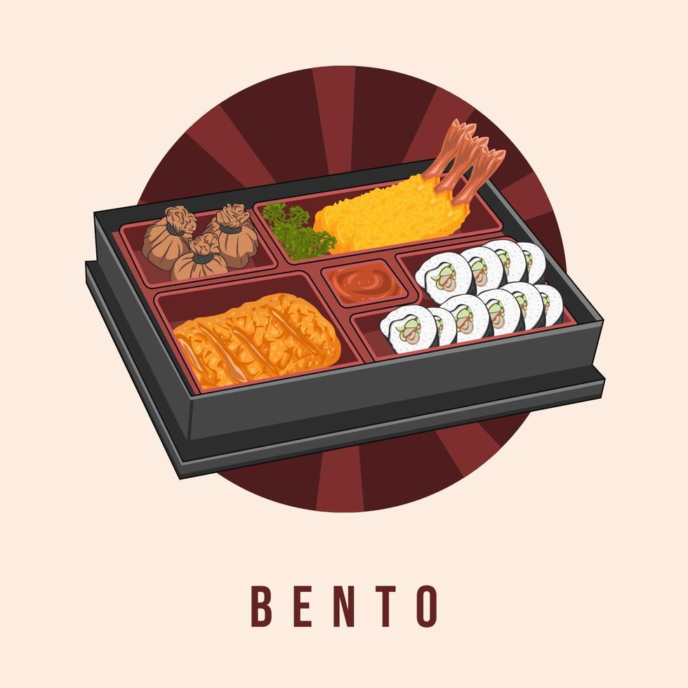 boîtes à bento. boîte à lunch japonaise. divers plats asiatiques traditionnels. vecteur