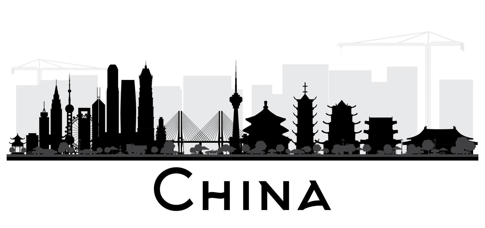 silhouette noire et blanche de la ville de Chine. vecteur