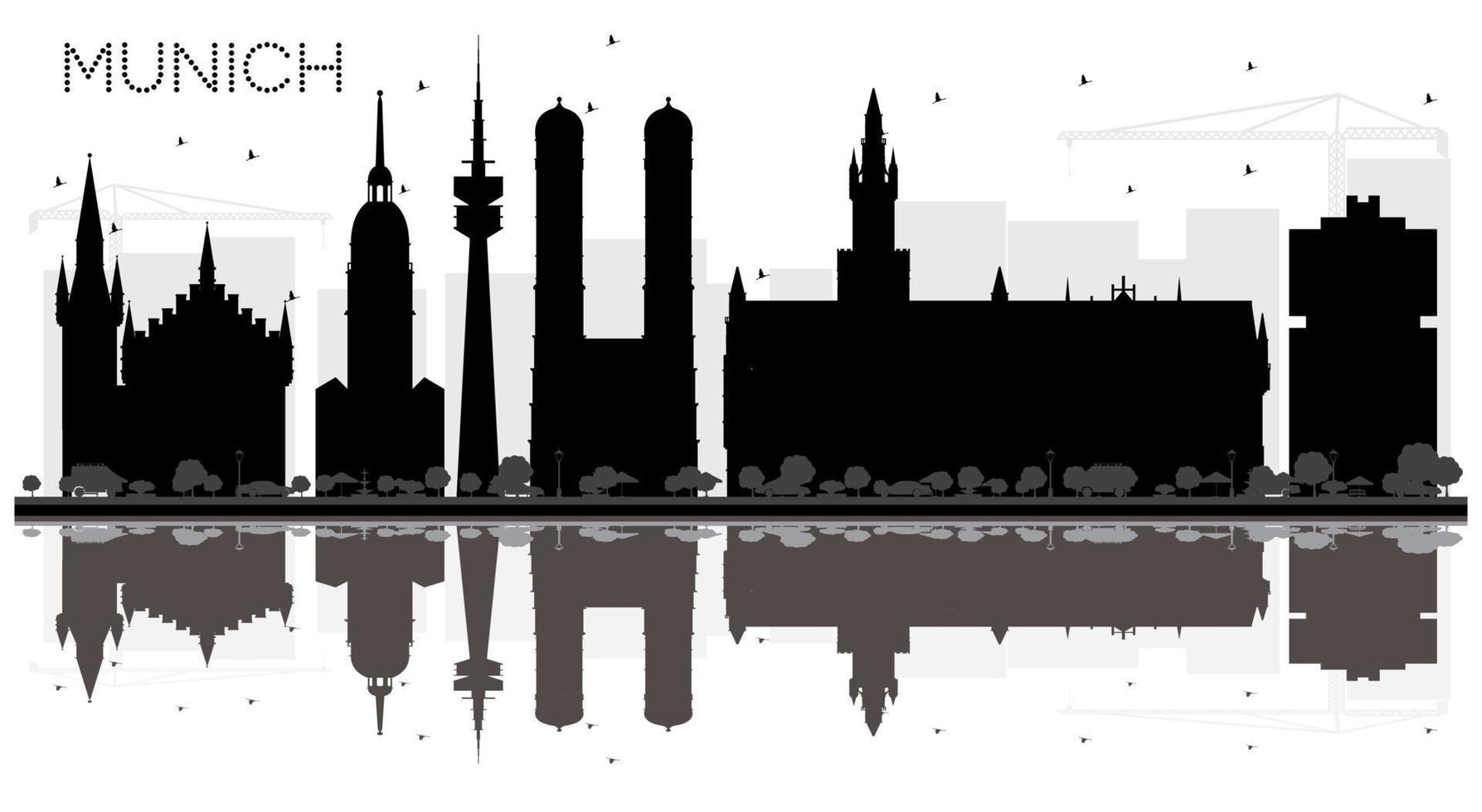 munich allemagne silhouette noire et blanche sur les toits de la ville avec des reflets. vecteur