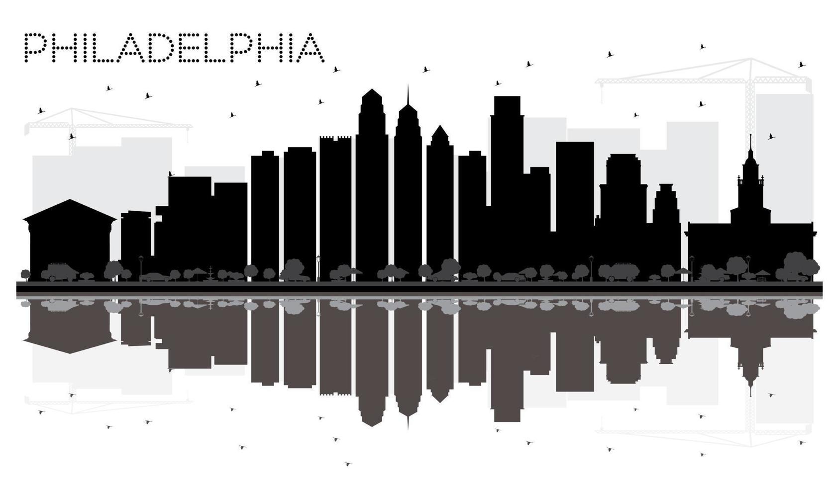 silhouette noire et blanche des toits de la ville de philadelphie avec des reflets. vecteur