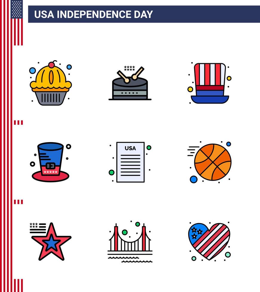 pack de 9 signes de lignes remplies de célébration de la fête de l'indépendance des états-unis et symboles du 4 juillet tels que la déclaration démocratique de la journée du basket-ball sportif éléments de conception vectoriels modifiables de la journée des états-unis vecteur