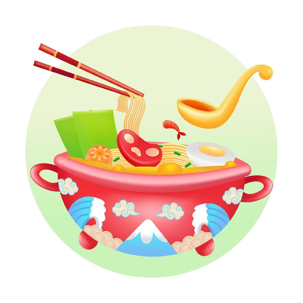 cuisine japonaise, illustration 3d d'une grande portion de ramen dans un bol rouge vecteur