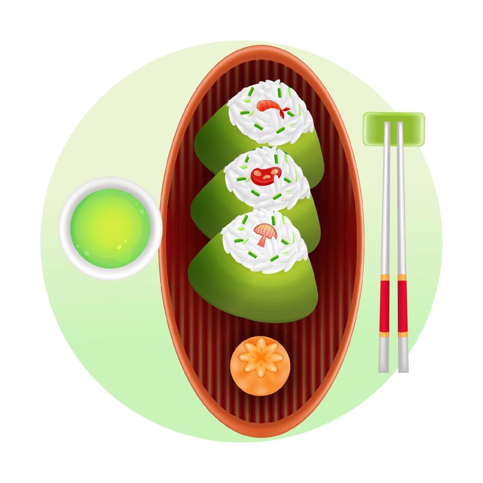 cuisine japonaise, illustration 3d de boulettes de riz et de thé vert vecteur