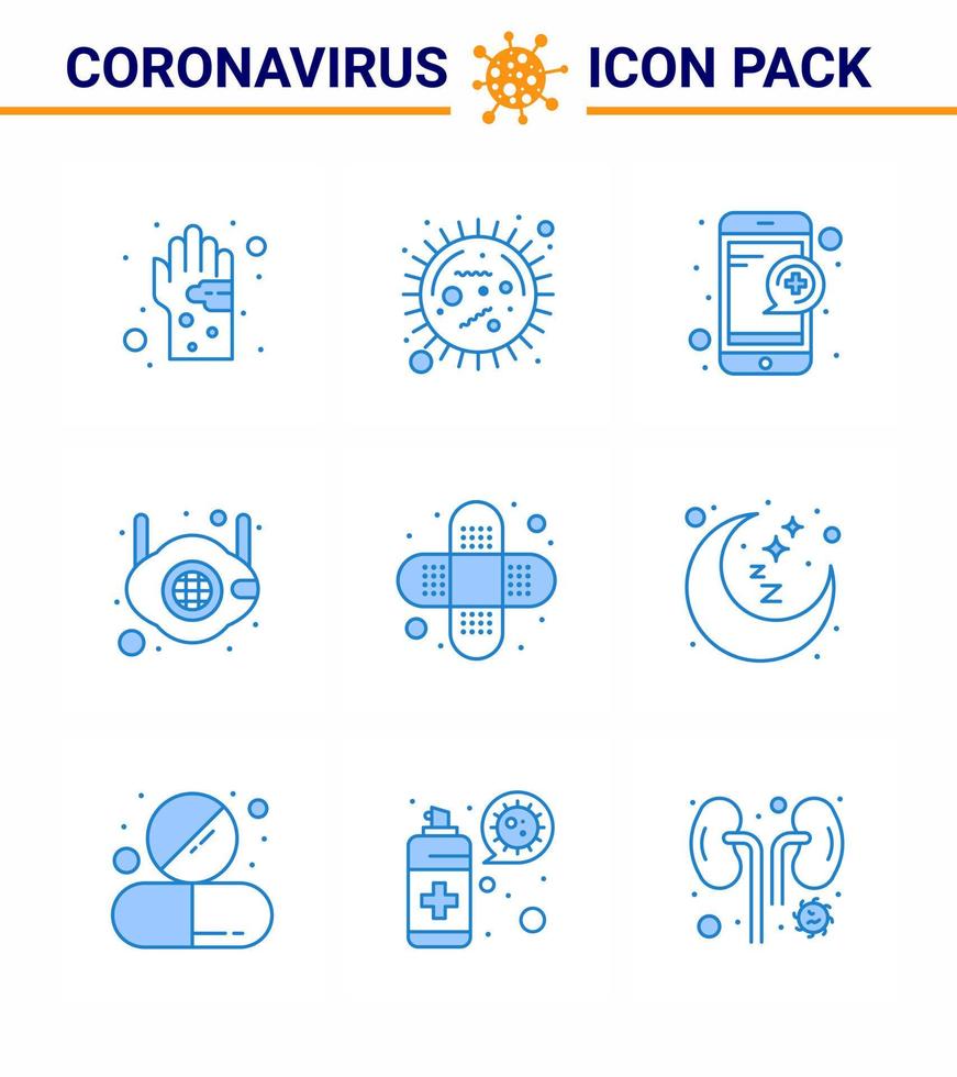 9 pack d'icônes corona de virus viral bleu tel que le service de maladie du visage médical en ligne coronavirus viral 2019nov éléments de conception de vecteur de maladie