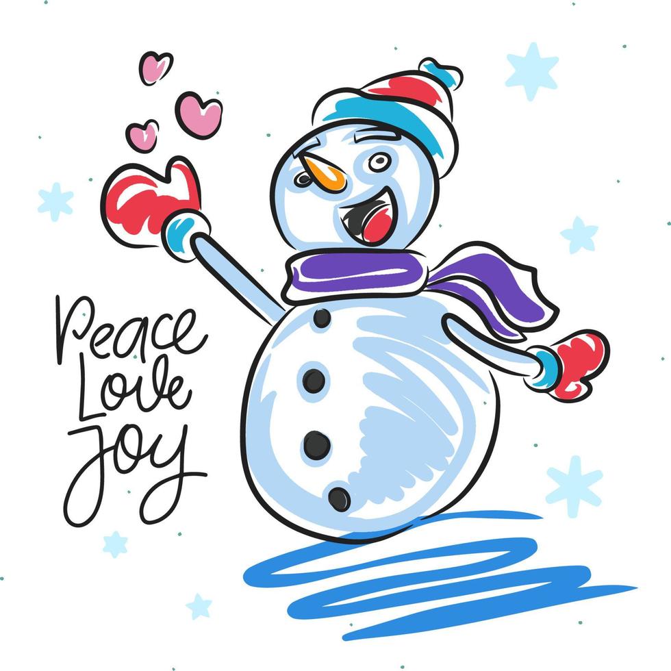 carte de vœux, bonhomme de neige dessin animé sur fond blanc dans un chapeau vecteur