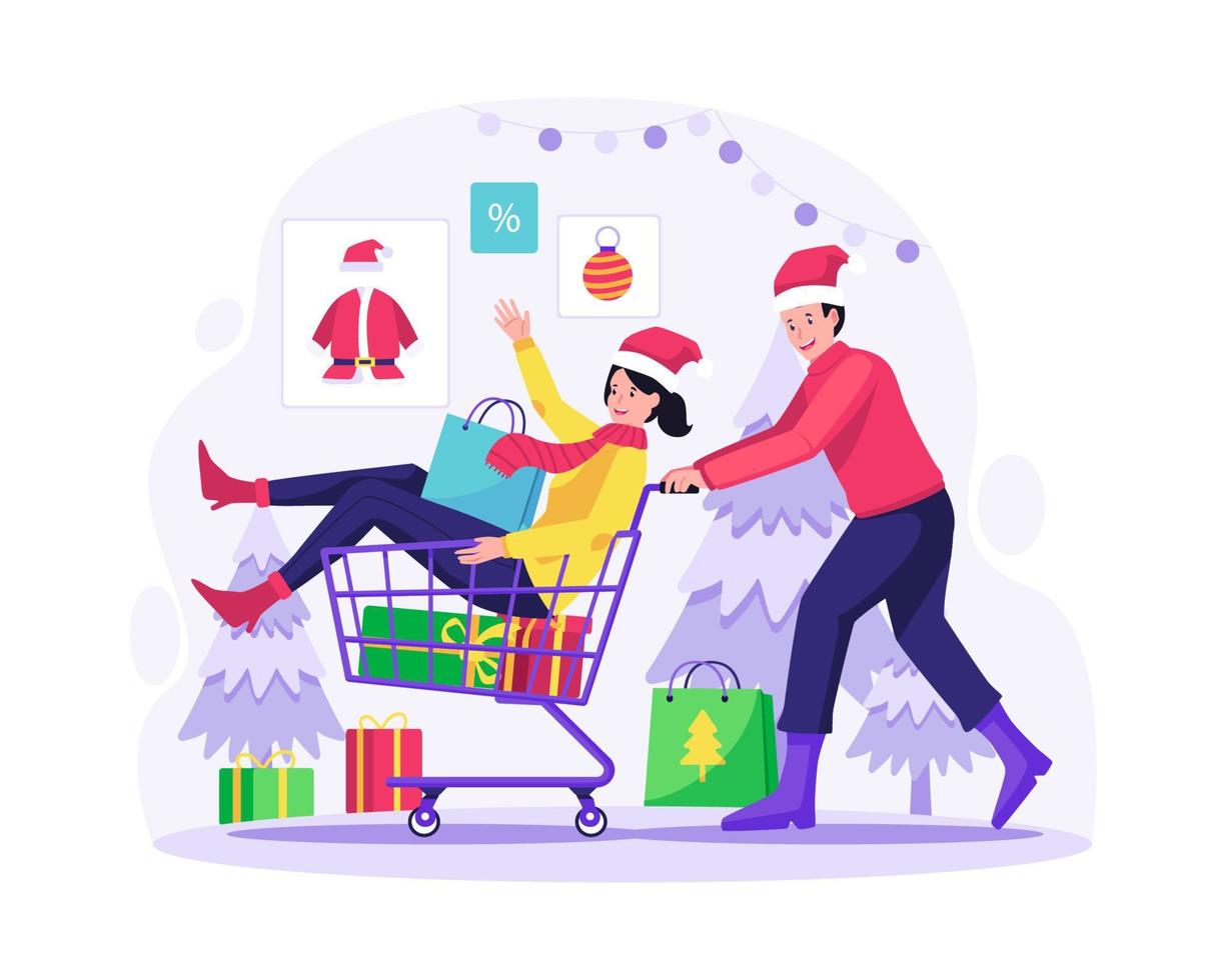 concept de vente et de shopping de noël avec un homme heureux poussant un chariot avec une femme assise dans le panier avec des cadeaux et des choses. illustration vectorielle dans un style plat vecteur