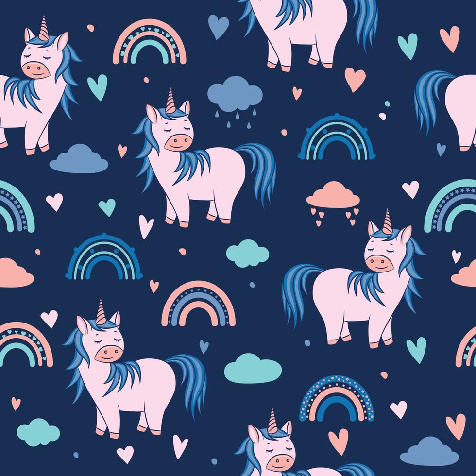 Licorne mignonne avec nuages et arcs-en-ciel sur fond sombre vecteur