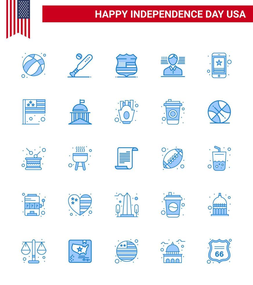 pack bleu de 25 symboles de la fête de l'indépendance des états-unis du drapeau étoile états-unis sécurité américaine modifiable éléments de conception vectorielle de la journée des états-unis vecteur