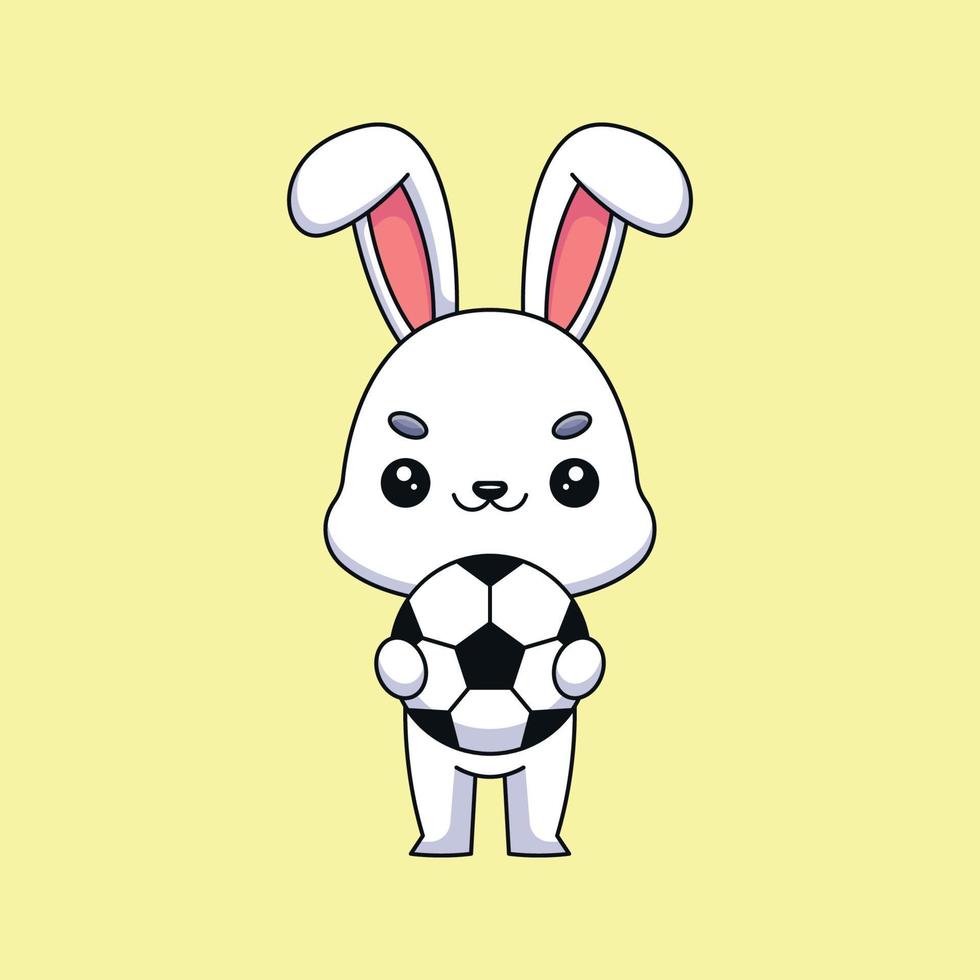 lapin mignon tenant ballon de football dessin animé mascotte doodle art dessiné à la main concept vecteur kawaii icône illustration